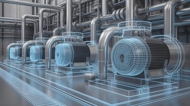 Industrial electric motors shown with a futuristic holographic wireframe overlay representing digital monitoring and smart factory technology