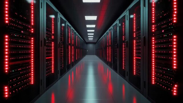 Data center tour showing server racks and red lighting in a modern facility at night