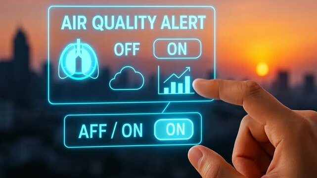 Air quality pollution city sunset digital interface hand touchscreen health environment monitoring technology data urban warning futuristic information outdoor smog atmosphere safety clean air