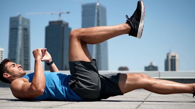 Young man performs bicycle crunches on rooftop to build abdominal strength in city