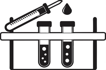 Black Silhouette of Test Tubes, Pipette and Liquid Drop on a Rack, Isolated on White