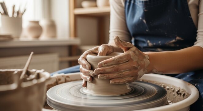 Female potter shaping wet clay on a pottery wheel in a creative workshop