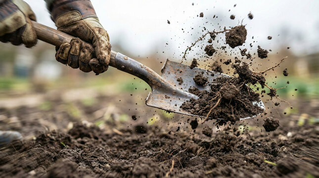 Metal shovel throwing dirt clods with gloved hands in garden soil  