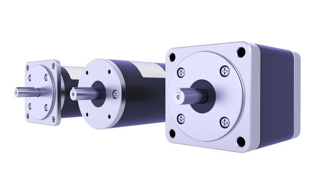 Precision AC Servo Motors for CNC Machinery - Industrial Brushless Stepper motors. 3D rendering isolated on white background. Ideal for professionals, educational, engineering, and industrial design.