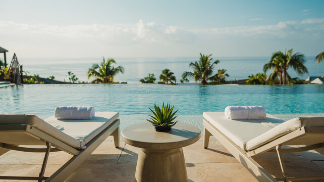 Luxuri&ouml;ser Infinity-Pool mit Design-Liegen und klarem Wasser