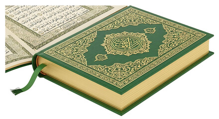 Fototapeta premium Elegant green Holy Quran with gold ornate cover and embossed Arabic script, open to show pages, isolated.