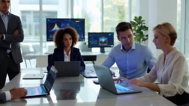 Diverse group of young business professionals collaborating and brainstorming ideas in modern office meeting room with laptops and monitors  teamwork
