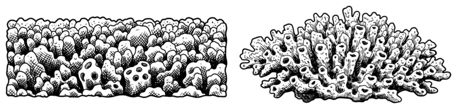 Vintage hand drawn engraving of underwater sea corals and organic sponges