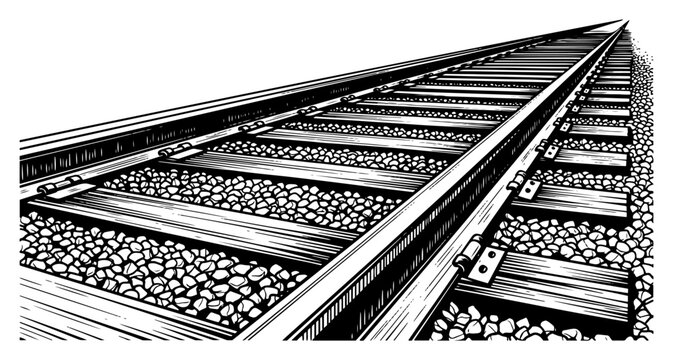 Detailed hand drawn black and white vector illustration of railroad tracks in perspective view