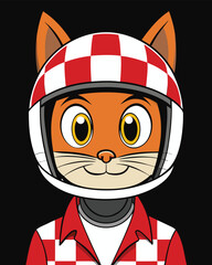 A cartoon cat wearing a vintage checkered racing costume and helmet is depicted in a digital illustration.