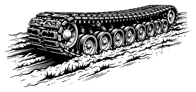 Detailed hand drawn black and white vector of heavy tank tracks moving on rough ground