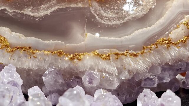 Gold and amethyst crystals show sparkle and beauty in a close-up view of mineral formations