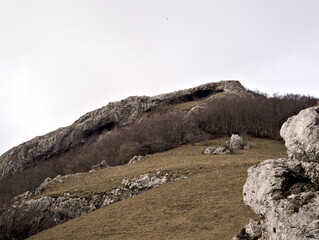 Paesaggio montano con pendii rocciosi, alberi spogli e cielo nuvoloso
