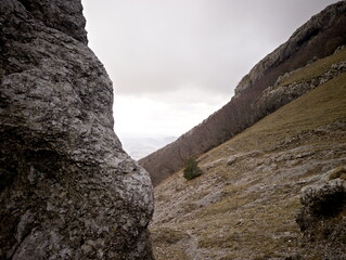 Formazione rocciosa naturale su pendio montano con masso scolpito dal tempo