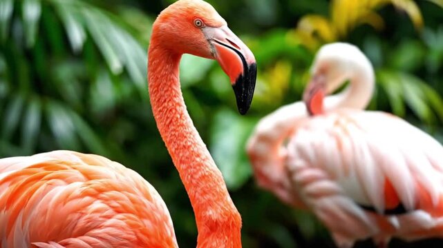 Closeup of a pink flamingo with its beak touching its feathers in a natural setting