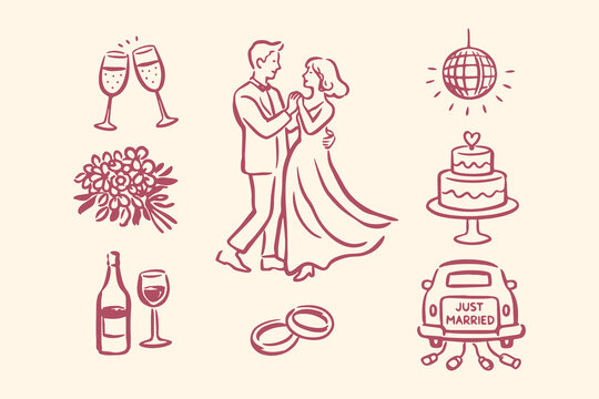 Wedding couple dance doodle line art vector illustration