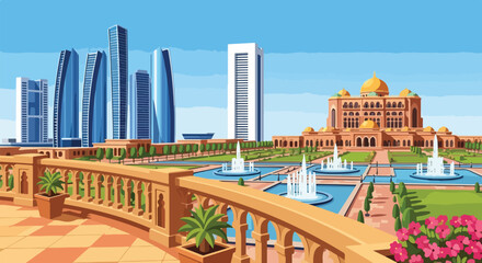 Fototapeta premium A vibrant cityscape with modern skyscrapers and a historic building in the background, featuring a decorative fountain and garden, with a wooden railing in the foreground, set against a clear blue
