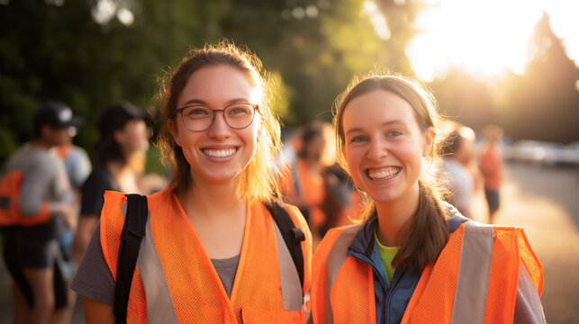 Young women wearing orange safety vests smiling, standing outdoors, enjoying community volunteering and teamwork