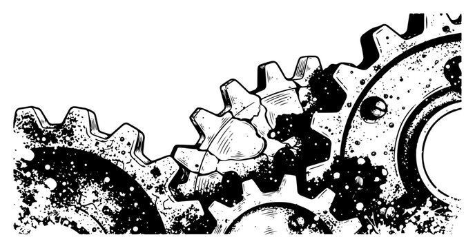 Close up illustration of mechanical gears with heavy ink splatters and grunge texture
