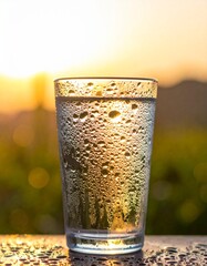Close-up of fresh water droplets and condensation on glass with warm sunset bokeh background