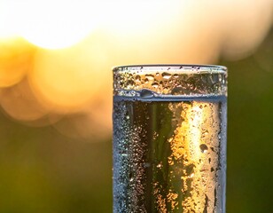 Close-up of fresh water droplets and condensation on glass with warm sunset bokeh background