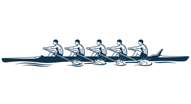 Synchronized Team of Rowers in a Boat on Water, Competing in a Rowing Race, Isolated White Background