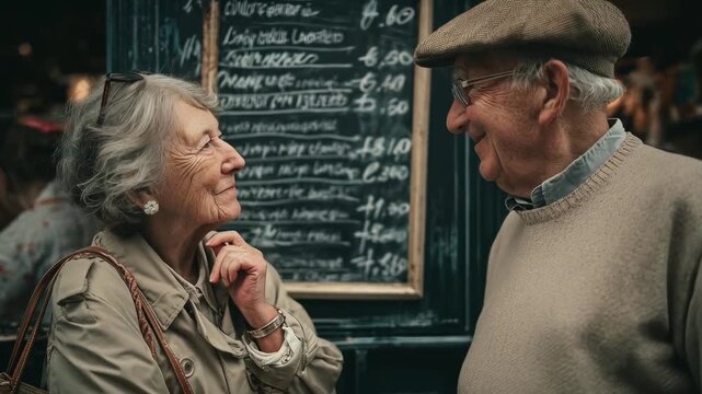 Adorable elderly couple whispering intimately near a Parisian cafe menu. Mature man and woman sharing a tender moment. Springtime romance, senior lifestyle. Loving interaction, close-up portrait.