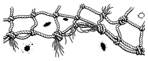 Hand drawn sketch of a knotted rope net with ink splatters and nautical elements © Logan