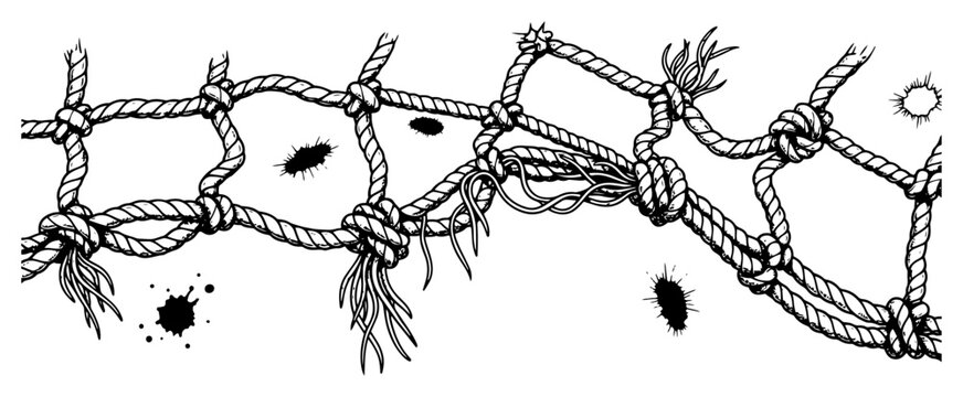 Hand drawn sketch of a knotted rope net with ink splatters and nautical elements