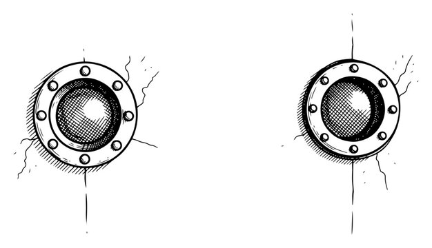 Detailed hand drawn illustration of industrial round portholes with rivets and metal textures