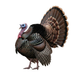 Isolated wild turkey strutting with fanned tail feathers on transparent background
