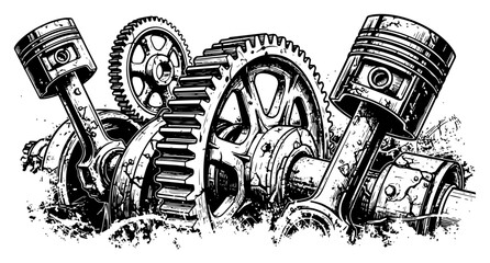 Detailed mechanical engine gears and pistons illustration in a vintage industrial grunge style © Logan