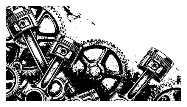 Industrial engine composition with mechanical gears and pistons in grungy hand drawn style