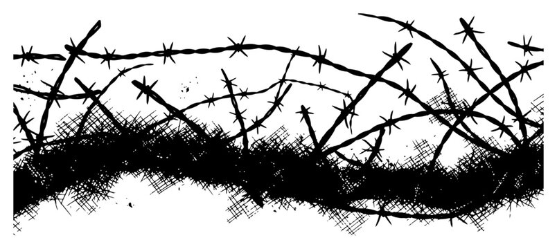Detailed hand drawn sketch of sharp barbed wire fence with heavy ink hatching texture