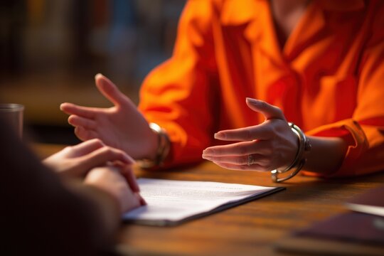 Inmate in Handcuffs Talking to Her Lawyer in an Interrogation Room