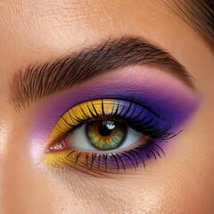 Obraz premium An Artistic Close-Up of an Eye with Purple and Gold Eyeshadow and Long Lashes Showcasing Creative Makeup and Detailed Beauty in a Studio Setting