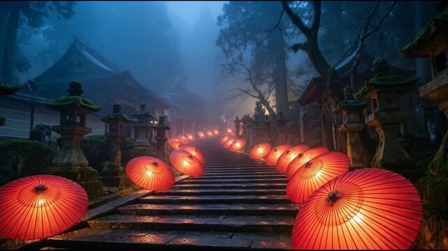 Traditional red Japanese paper umbrellas illuminated by lanterns lining stone stairs leading to a mystical Buddhist temple in a foggy cedar forest during a blue hour evening.