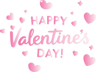 A bright flat-style Valentine&rsquo;s illustration displays a pink handwritten &ldquo;Happy Valentine&rsquo;s Day&rdquo; message surrounded by floating hearts and sparkles