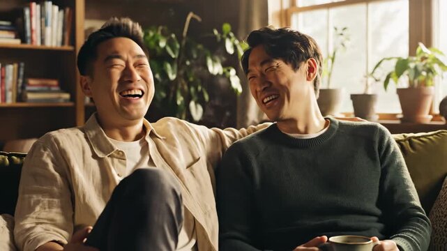 Joyful moment of friendship between two Asian men smiling and sharing stories in a cozy indoor setting with plants