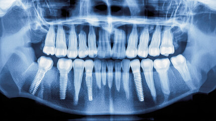 Detailed panoramic dental x-ray showing upper and lower teeth with multiple teeth implants and natural teeth for oral health assessment and diagnosis © Mikhail Vorobev