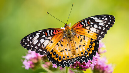 Fototapeta premium A Vibrant Leopard Lacewing Butterfly Sipping Nectar from Delicate Pink Flowers in a Lush Garden Setting with Soft Bokeh Background and Intricate Wing Patterns