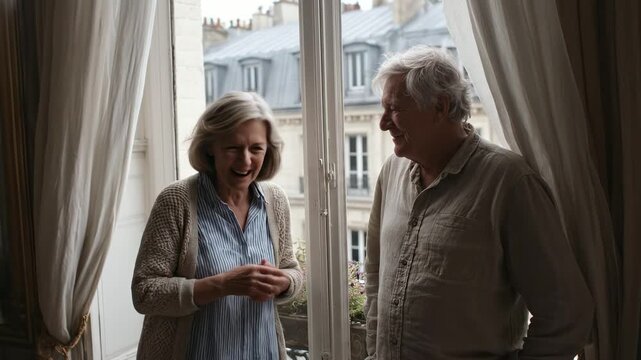 Smiling mature couple indoors. Enjoying intimate moment near window. Parisian apartment view. Shared joy, love, connection. Retirement, happy lifestyle, travel.