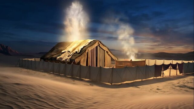 Biblical Tabernacle in the Desert Wilderness with Pillar of Cloud and Altar Smoke at Twilight