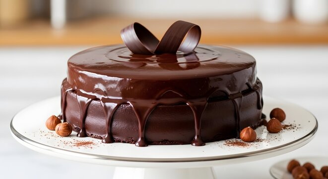 Decadent rich dark chocolate layer cake intensely glazed with glossy ganache and topped elegantly with a delicate chocolate curl decoration for indulgence.