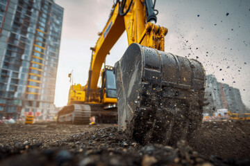 Heavy yellow excavator digging and moving soil at an urban construction site with high-rise buildings in the background during sunset hours © Mikhail Vorobev
