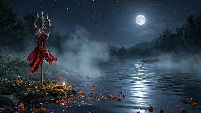 Serene trishul beside moonlit river with drifting petals devotional scene for mahadev maha shivratri shivling meditation calm hindu spiritual worship night ambience cinematic sacred peace