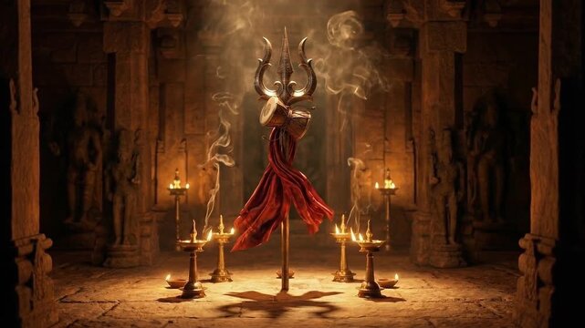 Divine trishul illuminated by temple oil lamps with sacred shadows incense smoke cinematic devotion mahadev maha shivratri shivling spiritual hindu motion background ritual worship aesthetic
