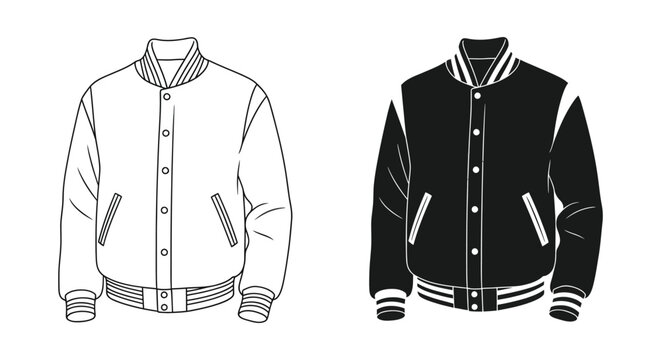 Two contrasting views depict a classic varsity jacket one light and one dark in silhouette high quality professional detailed modern elegant