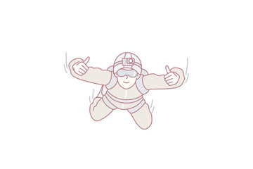 Man skydiver hangs in sky and shows two hands thumbs up after jumping from airplane. Sportsman keen on extreme hobby with camera fixed on forehead flies among clouds. Flat vector illustration