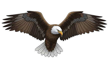 Fototapeta premium Bald eagle in flight with wings spread wide, a symbol of freedom and power, rendered in illustration style.